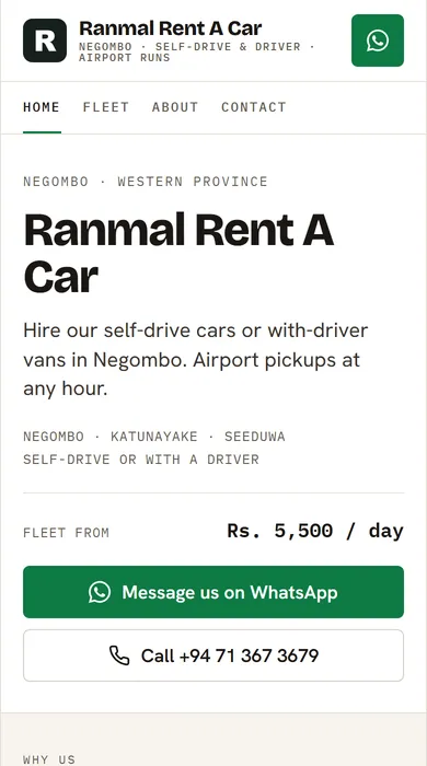 Demo rental website in the Compact theme: home page on a phone