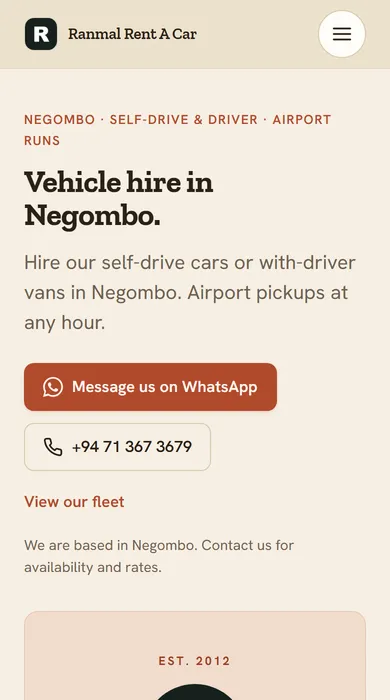 Demo rental website in the Forecourt theme: home page on a phone
